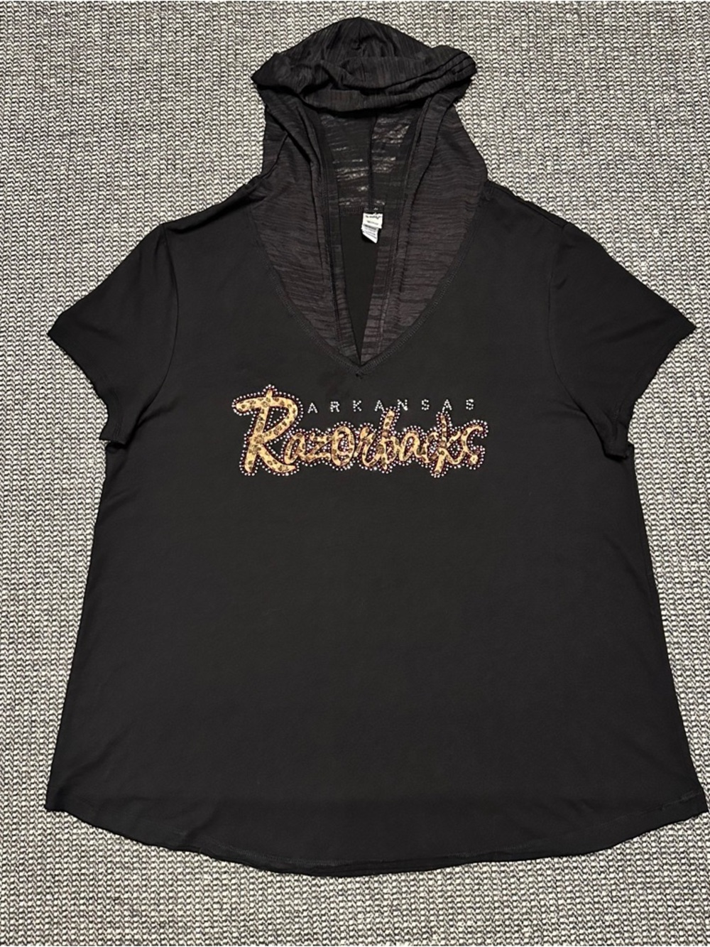 Arkansas Razorbacks Black Short-Sleeve Hooded V-Neck Tee with Rhinestone Script